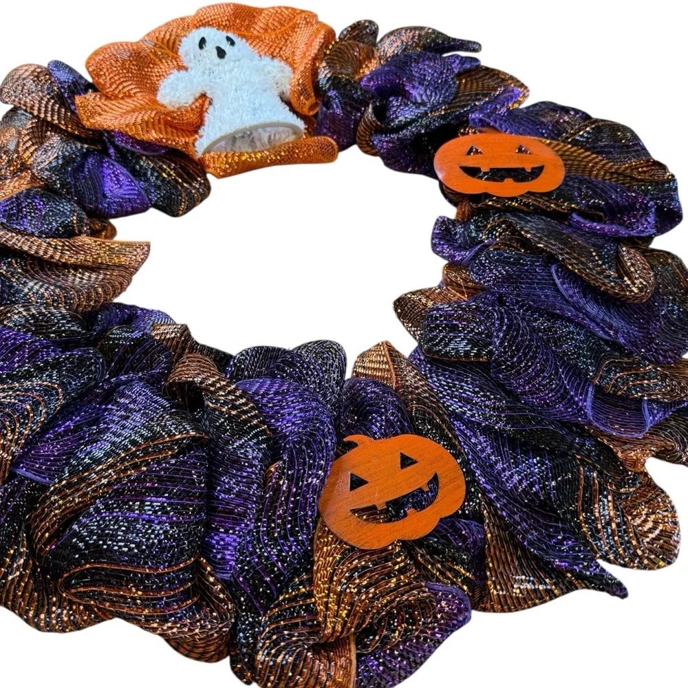 Vibrant Purple & Orange Halloween Deco Mesh Wreath with Ghost & Pumpkins – 25″